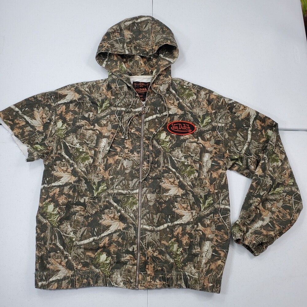 Damaged/Cut Off Sleeve Von Dutch Realtree Camo Full-Zip Bomber Jacket Hooded XL